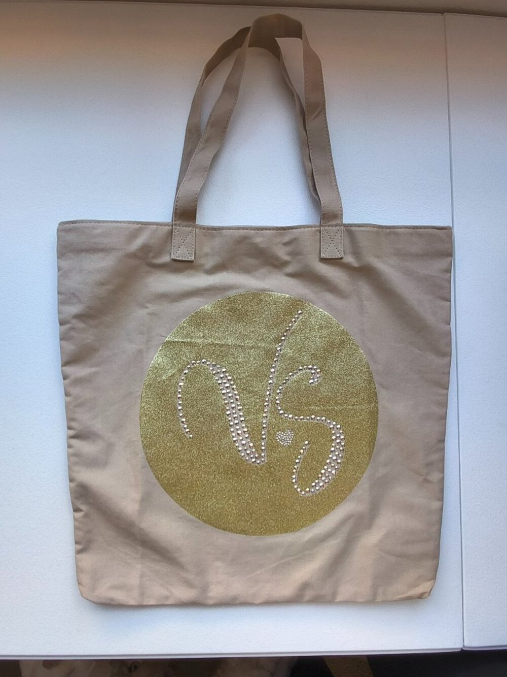 ​Victoria's Secret Tan Canvas Gold Glitter Rhinestone VS Logo Tote Bag